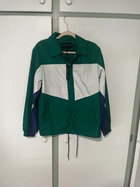 Edgar + Ash Green and White Colorblock Snap Front Windbreaker Jacket